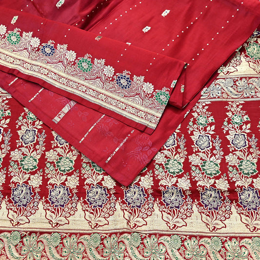 Indian Vintage Sari Red Heavy Wedding Pure Satin Silk Woven Banarasi Brocade Saree Zari 5Yd Craft Fabric Ethnic Dress making Crafting