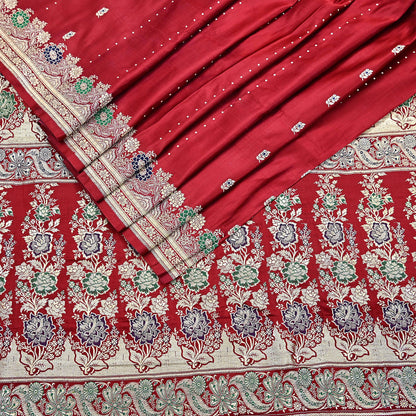 Indian Vintage Sari Red Heavy Wedding Pure Satin Silk Woven Banarasi Brocade Saree Zari 5Yd Craft Fabric Ethnic Dress making Crafting