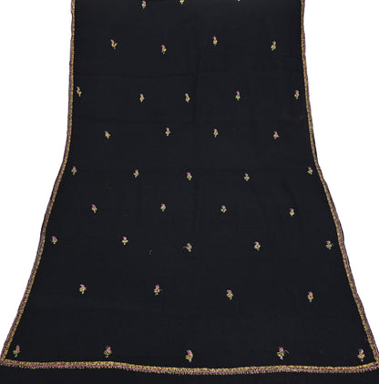 Indian Vintage Black Shawl Pure Woolen Handmade Suzani Long Throw Stole Warm Floral Design Soft Cozy