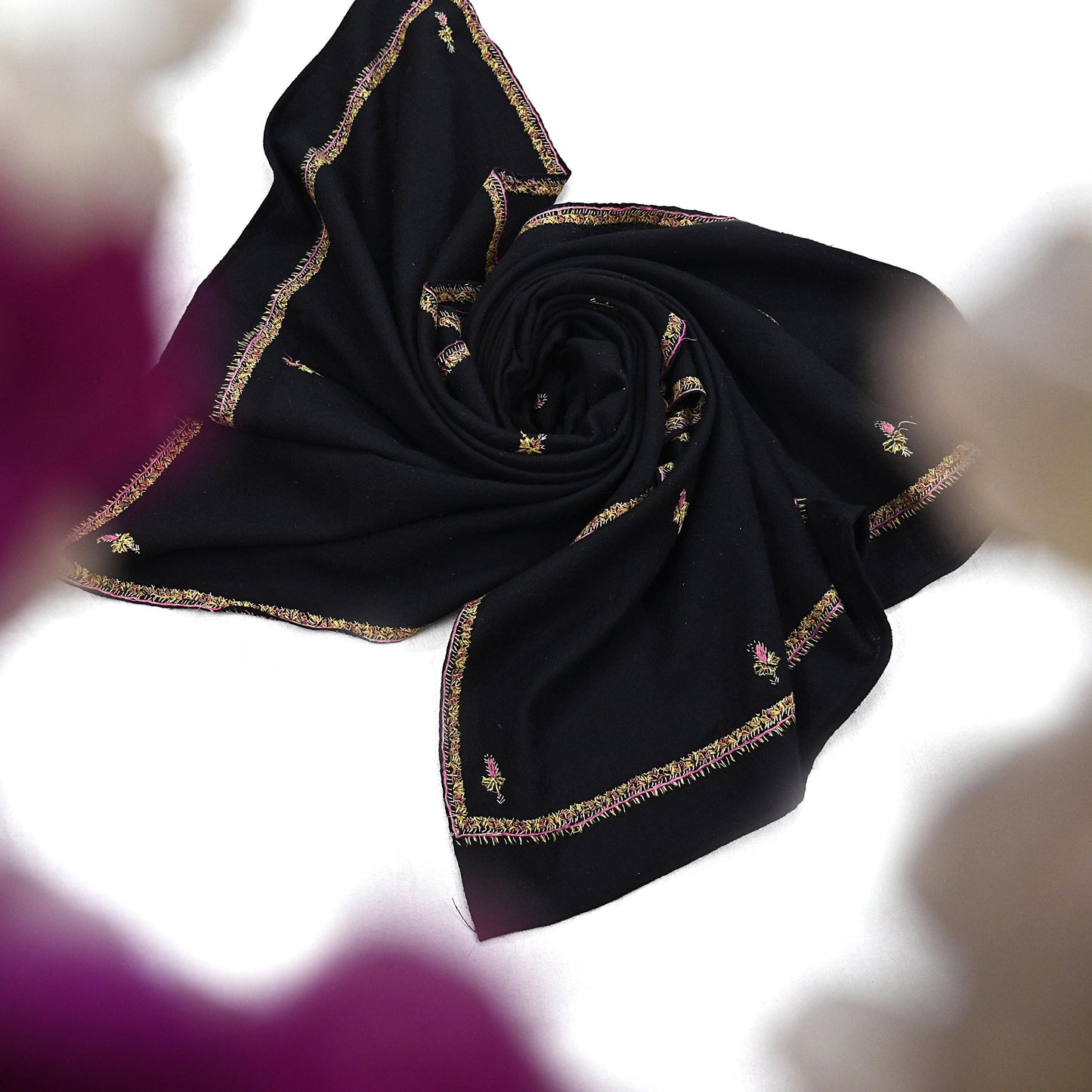 Indian Vintage Black Shawl Pure Woolen Handmade Suzani Long Throw Stole Warm Floral Design Soft Cozy