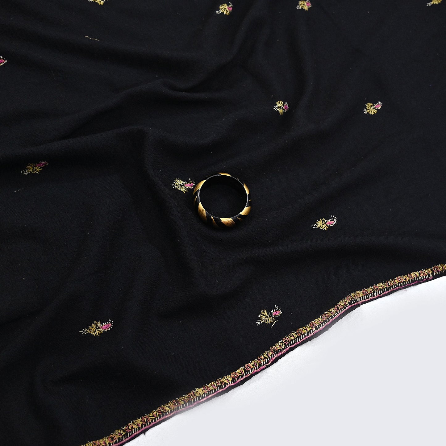 Indian Vintage Black Shawl Pure Woolen Handmade Suzani Long Throw Stole Warm Floral Design Soft Cozy