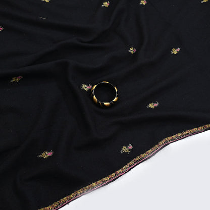 Indian Vintage Black Shawl Pure Woolen Handmade Suzani Long Throw Stole Warm Floral Design Soft Cozy