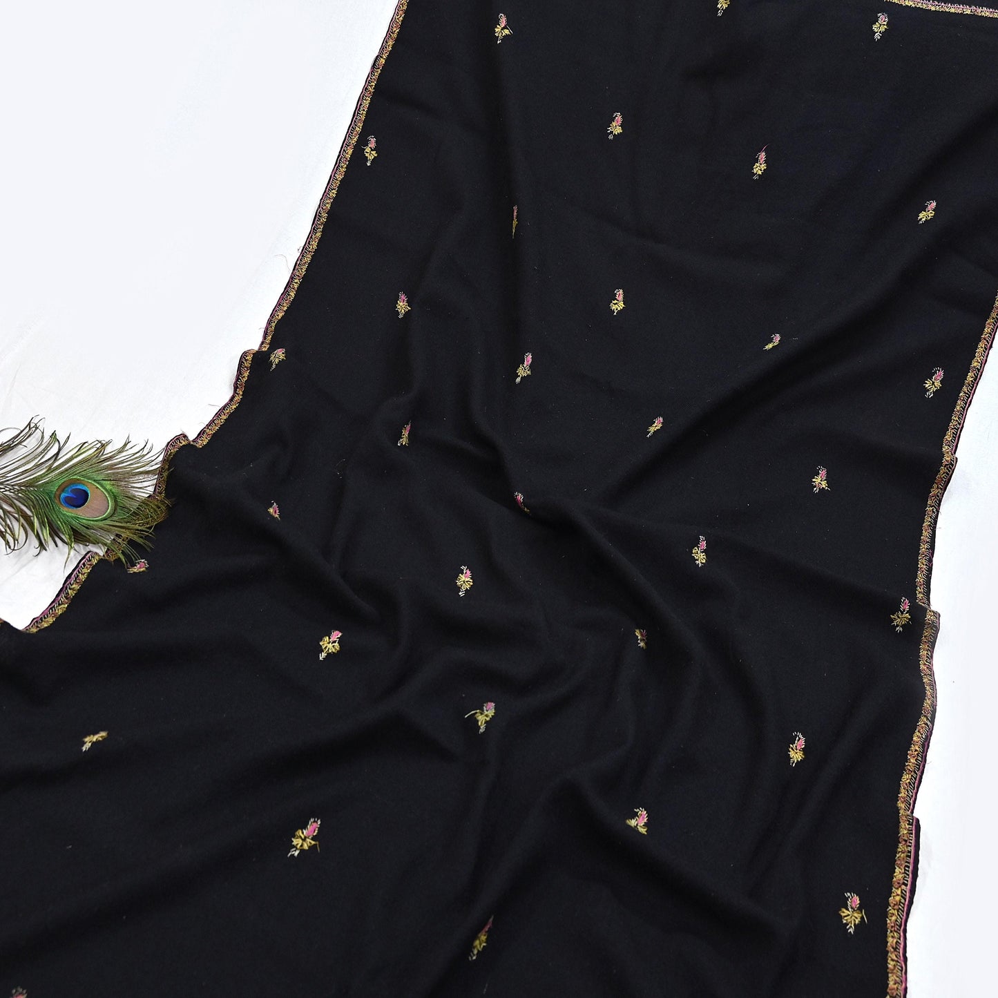 Indian Vintage Black Shawl Pure Woolen Handmade Suzani Long Throw Stole Warm Floral Design Soft Cozy