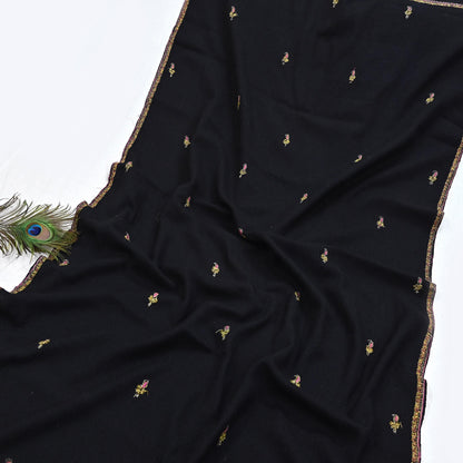 Indian Vintage Black Shawl Pure Woolen Handmade Suzani Long Throw Stole Warm Floral Design Soft Cozy