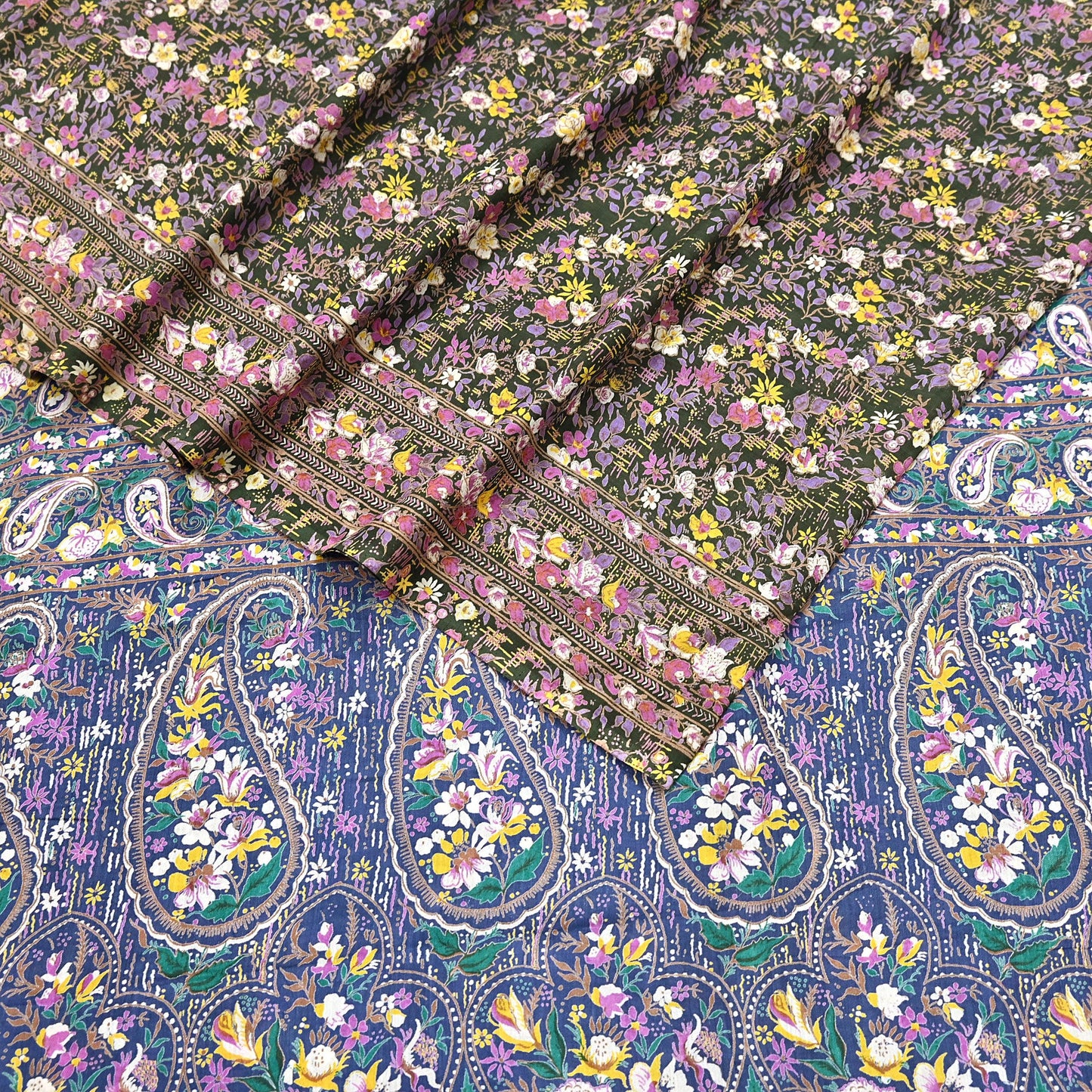 Indian Vintage Blue & Green Sarees Pure Cotton Block Printed Sari 5yd Sewing Craft Fabric DressMaking Soft Crafting Quilting Upcycle