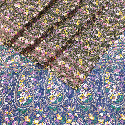 Indian Vintage Blue & Green Sarees Pure Cotton Block Printed Sari 5yd Sewing Craft Fabric DressMaking Soft Crafting Quilting Upcycle