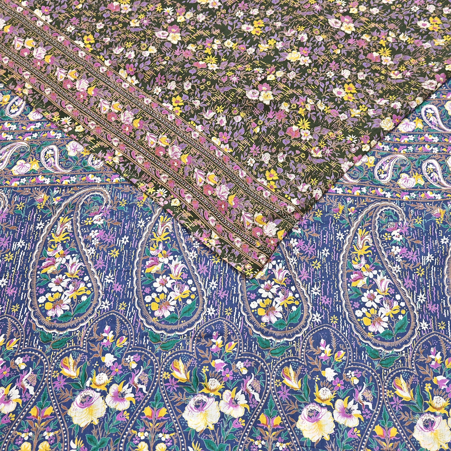 Indian Vintage Blue & Green Sarees Pure Cotton Block Printed Sari 5yd Sewing Craft Fabric DressMaking Soft Crafting Quilting Upcycle