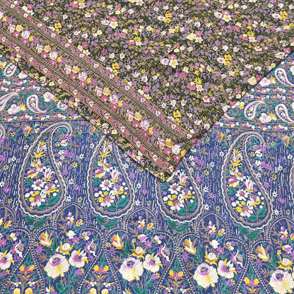 Indian Vintage Blue & Green Sarees Pure Cotton Block Printed Sari 5yd Sewing Craft Fabric DressMaking Soft Crafting Quilting Upcycle