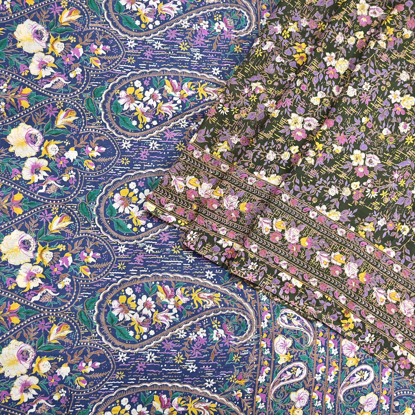 Indian Vintage Blue & Green Sarees Pure Cotton Block Printed Sari 5yd Sewing Craft Fabric DressMaking Soft Crafting Quilting Upcycle