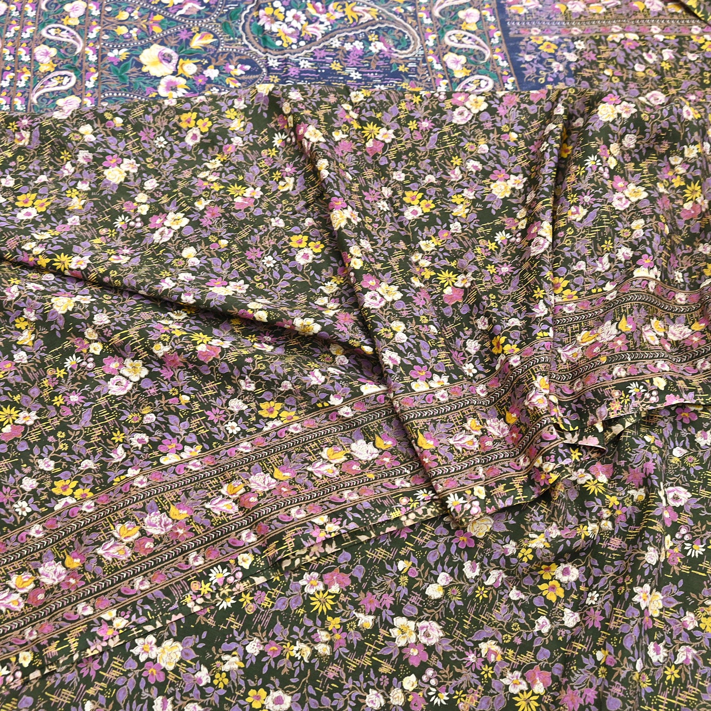 Indian Vintage Blue & Green Sarees Pure Cotton Block Printed Sari 5yd Sewing Craft Fabric DressMaking Soft Crafting Quilting Upcycle