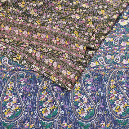 Indian Vintage Blue & Green Sarees Pure Cotton Block Printed Sari 5yd Sewing Craft Fabric DressMaking Soft Crafting Quilting Upcycle