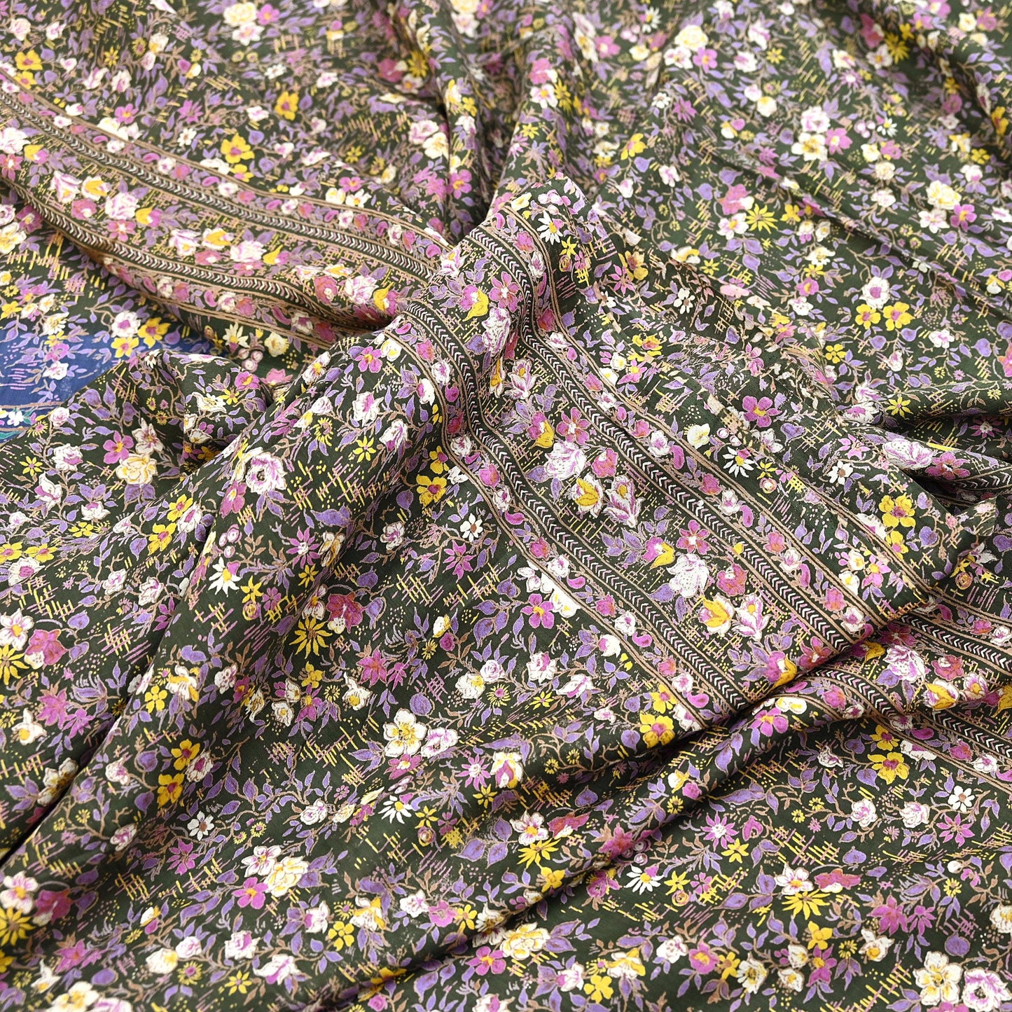 Indian Vintage Blue & Green Sarees Pure Cotton Block Printed Sari 5yd Sewing Craft Fabric DressMaking Soft Crafting Quilting Upcycle