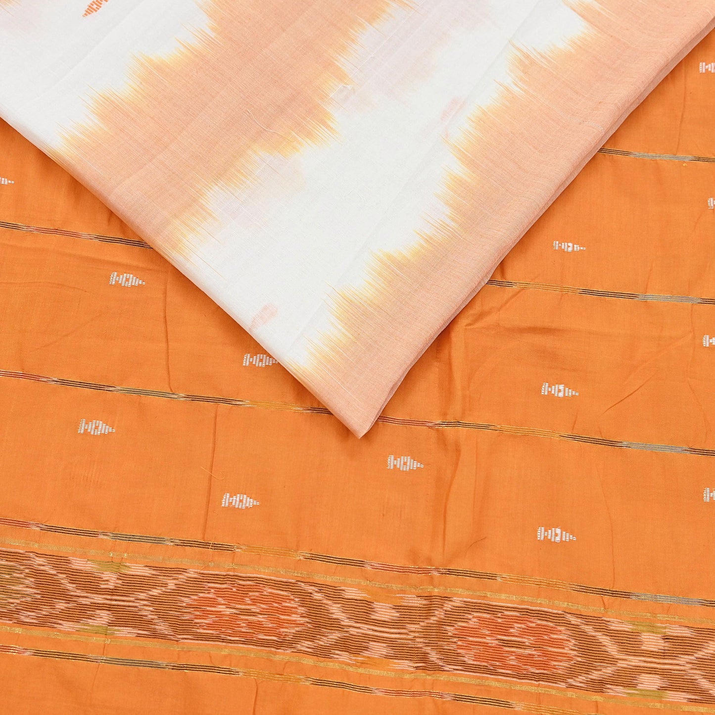 Indian Vintage Sari Orange & White Hand woven Sambalpuri Ikat Sarees Pure Cotton Craft Fabric 5Yd Ethnic Chackra Border Dress Making Upcycle