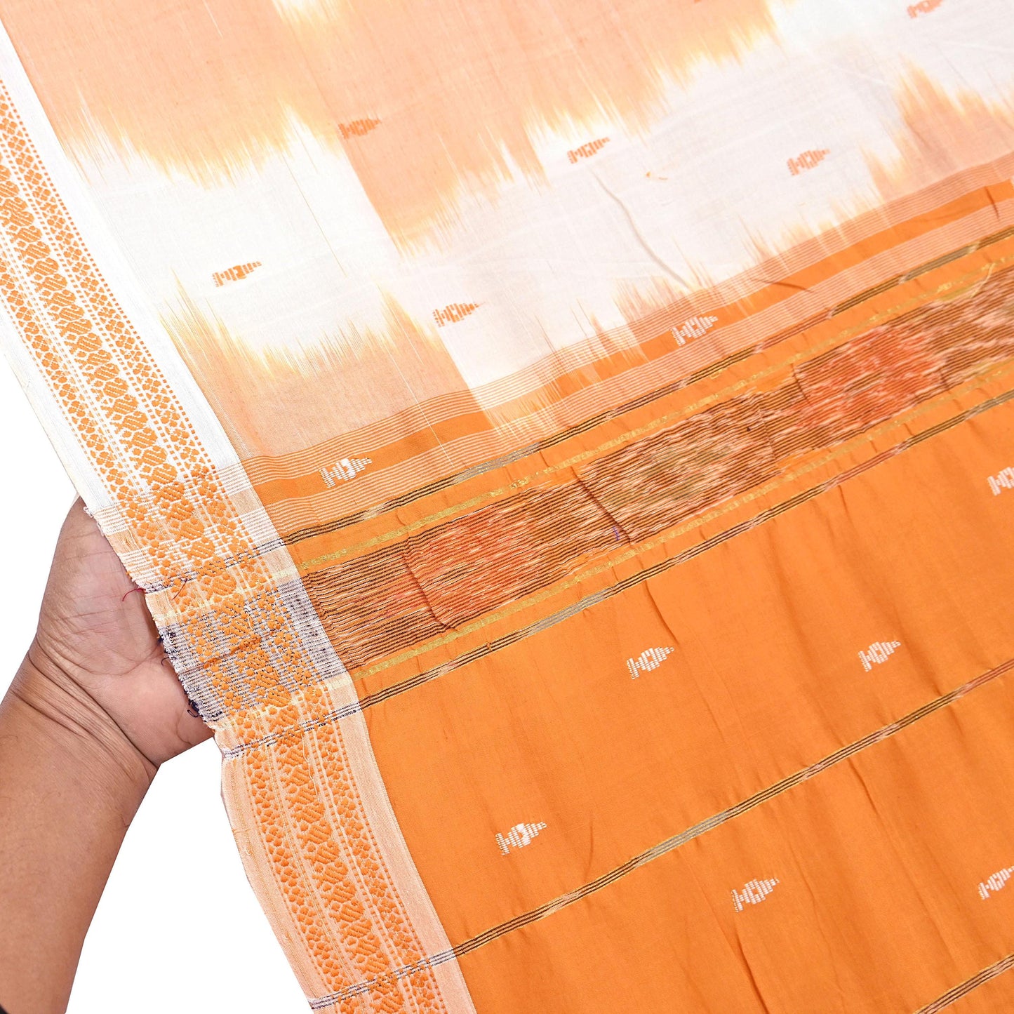 Indian Vintage Sari Orange & White Hand woven Sambalpuri Ikat Sarees Pure Cotton Craft Fabric 5Yd Ethnic Chackra Border Dress Making Upcycle