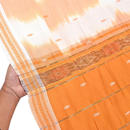 Indian Vintage Sari Orange & White Hand woven Sambalpuri Ikat Sarees Pure Cotton Craft Fabric 5Yd Ethnic Chackra Border Dress Making Upcycle