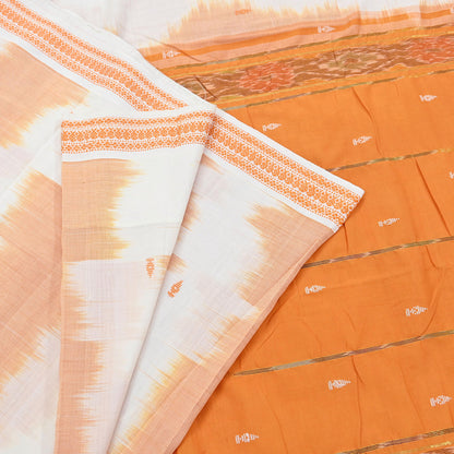 Indian Vintage Sari Orange & White Hand woven Sambalpuri Ikat Sarees Pure Cotton Craft Fabric 5Yd Ethnic Chackra Border Dress Making Upcycle