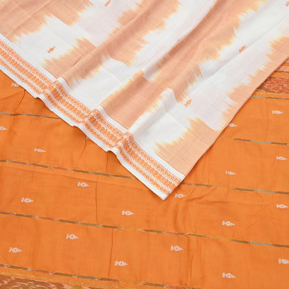 Indian Vintage Sari Orange & White Hand woven Sambalpuri Ikat Sarees Pure Cotton Craft Fabric 5Yd Ethnic Chackra Border Dress Making Upcycle
