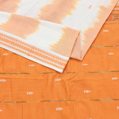 Indian Vintage Sari Orange & White Hand woven Sambalpuri Ikat Sarees Pure Cotton Craft Fabric 5Yd Ethnic Chackra Border Dress Making Upcycle