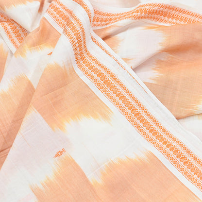 Indian Vintage Sari Orange & White Hand woven Sambalpuri Ikat Sarees Pure Cotton Craft Fabric 5Yd Ethnic Chackra Border Dress Making Upcycle