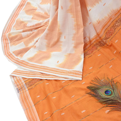Indian Vintage Sari Orange & White Hand woven Sambalpuri Ikat Sarees Pure Cotton Craft Fabric 5Yd Ethnic Chackra Border Dress Making Upcycle