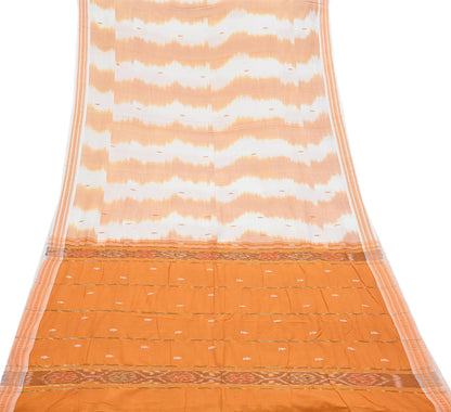 Indian Vintage Sari Orange & White Hand woven Sambalpuri Ikat Sarees Pure Cotton Craft Fabric 5Yd Ethnic Chackra Border Dress Making Upcycle