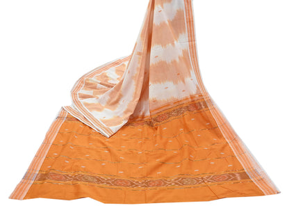 Indian Vintage Sari Orange & White Hand woven Sambalpuri Ikat Sarees Pure Cotton Craft Fabric 5Yd Ethnic Chackra Border Dress Making Upcycle