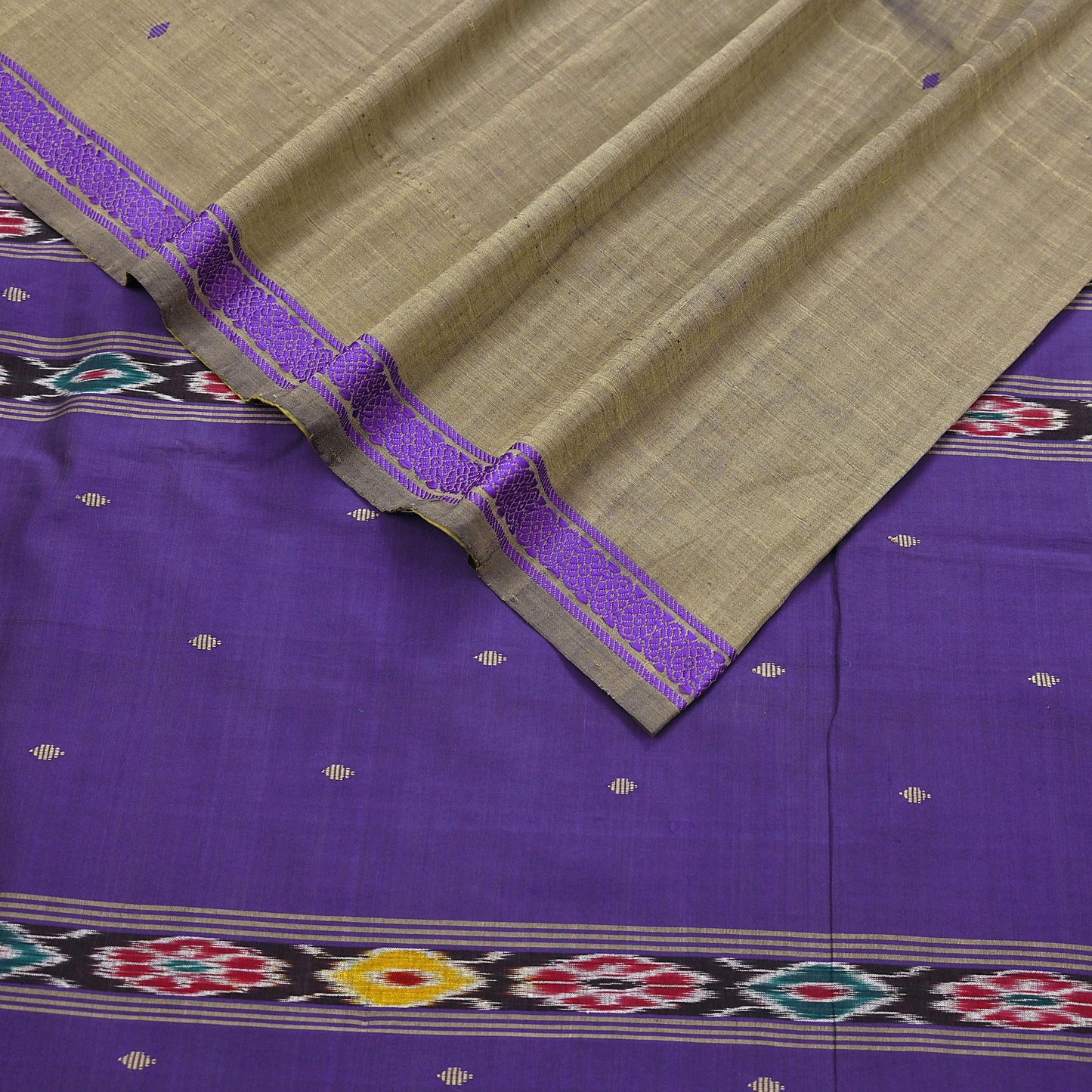Indian Vintage Saree Purple & brown Cotton Hand woven Sambalpuri Ikat sari Craft Fabric 5Yd Ethnic Chackra Border Dress Making Quilting