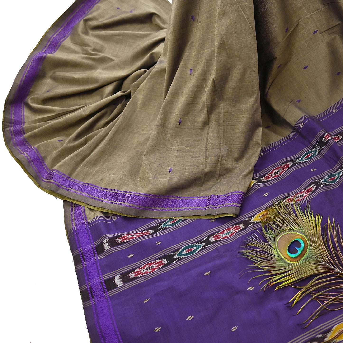Indian Vintage Saree Purple & brown Cotton Hand woven Sambalpuri Ikat sari Craft Fabric 5Yd Ethnic Chackra Border Dress Making Quilting