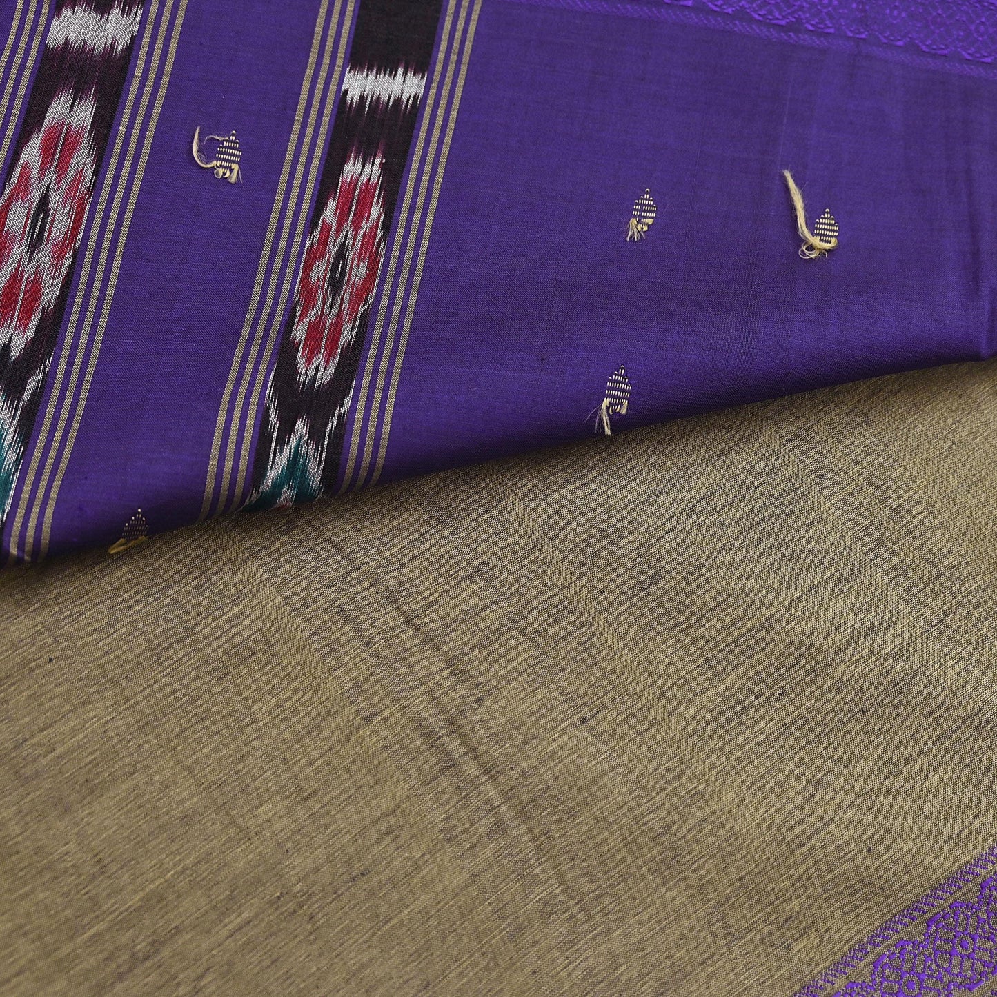 Indian Vintage Saree Purple & brown Cotton Hand woven Sambalpuri Ikat sari Craft Fabric 5Yd Ethnic Chackra Border Dress Making Quilting