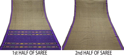 Indian Vintage Saree Purple & brown Cotton Hand woven Sambalpuri Ikat sari Craft Fabric 5Yd Ethnic Chackra Border Dress Making Quilting