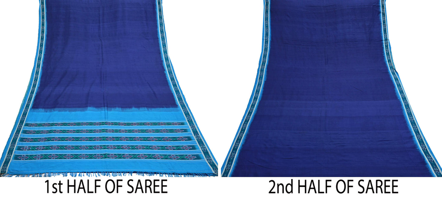 Indian Vintage Blue Pochampally Silk Saree Pure Silk Hand Woven Ikat Patola Sari Fabric 6Yard Craft Ethnic Zari Border