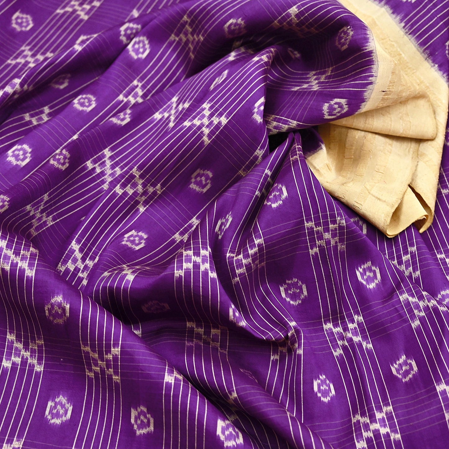 Indian Vintage Saree Beige & Purple Pure Silk Hand Woven Ikat Sari Craft Fabric 5Yard Dress Making Ethnic Premium Saree Quilting Crafting