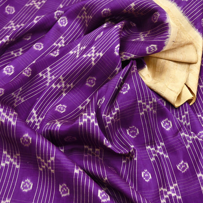 Indian Vintage Saree Beige & Purple Pure Silk Hand Woven Ikat Sari Craft Fabric 5Yard Dress Making Ethnic Premium Saree Quilting Crafting