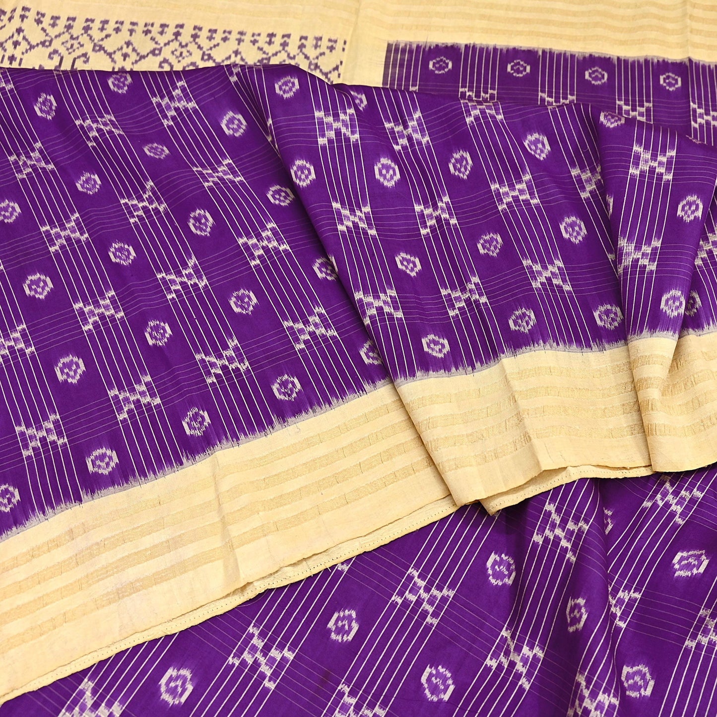 Indian Vintage Saree Beige & Purple Pure Silk Hand Woven Ikat Sari Craft Fabric 5Yard Dress Making Ethnic Premium Saree Quilting Crafting