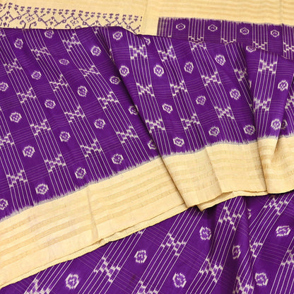Indian Vintage Saree Beige & Purple Pure Silk Hand Woven Ikat Sari Craft Fabric 5Yard Dress Making Ethnic Premium Saree Quilting Crafting