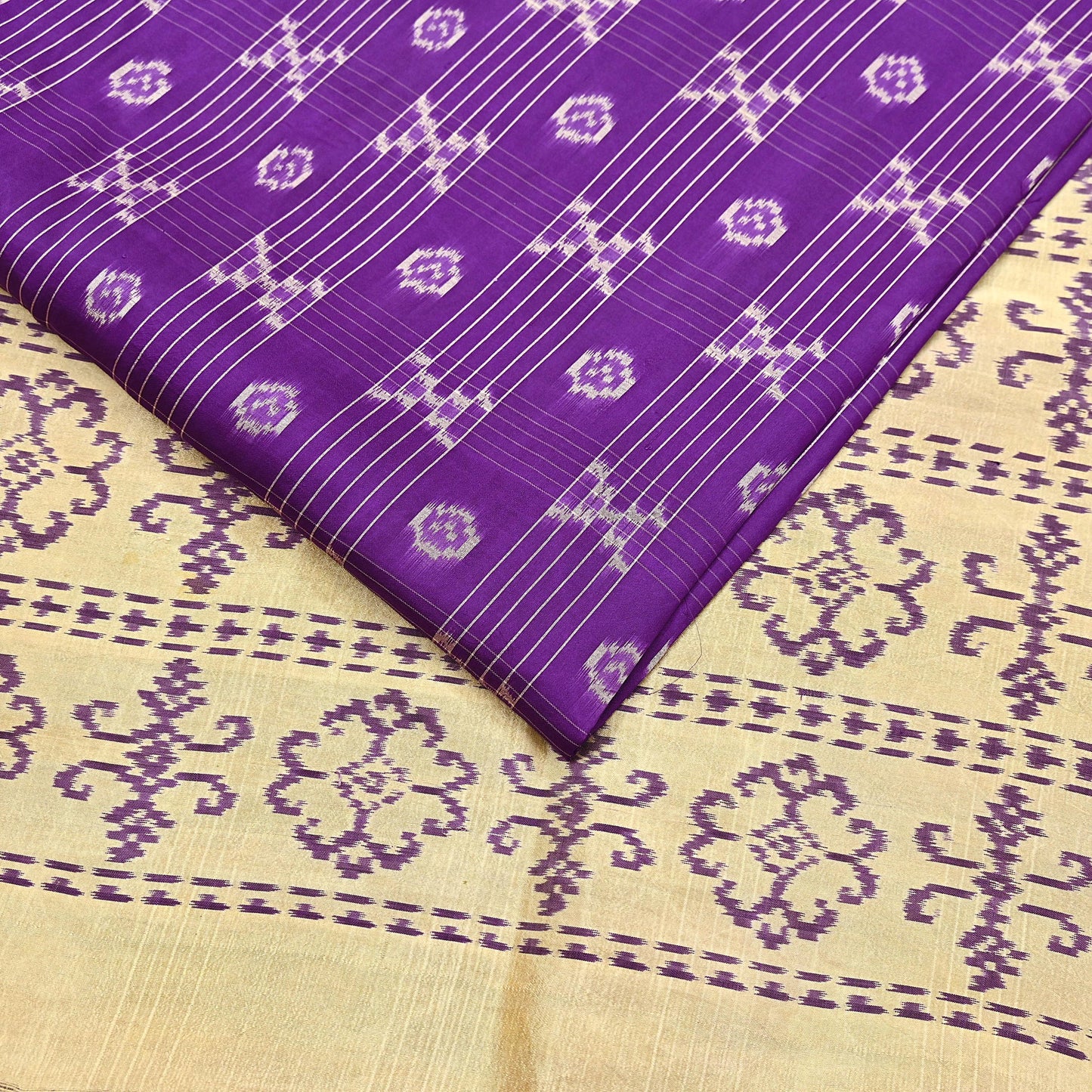 Indian Vintage Saree Beige & Purple Pure Silk Hand Woven Ikat Sari Craft Fabric 5Yard Dress Making Ethnic Premium Saree Quilting Crafting