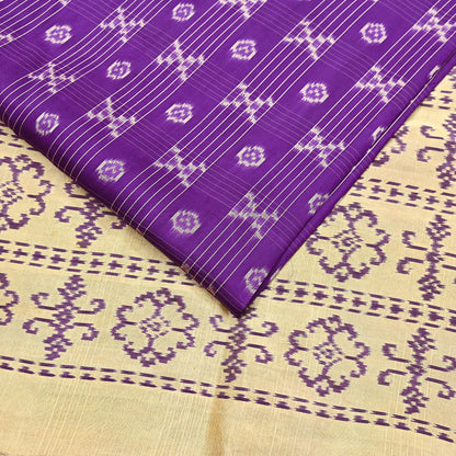 Indian Vintage Saree Beige & Purple Pure Silk Hand Woven Ikat Sari Craft Fabric 5Yard Dress Making Ethnic Premium Saree Quilting Crafting