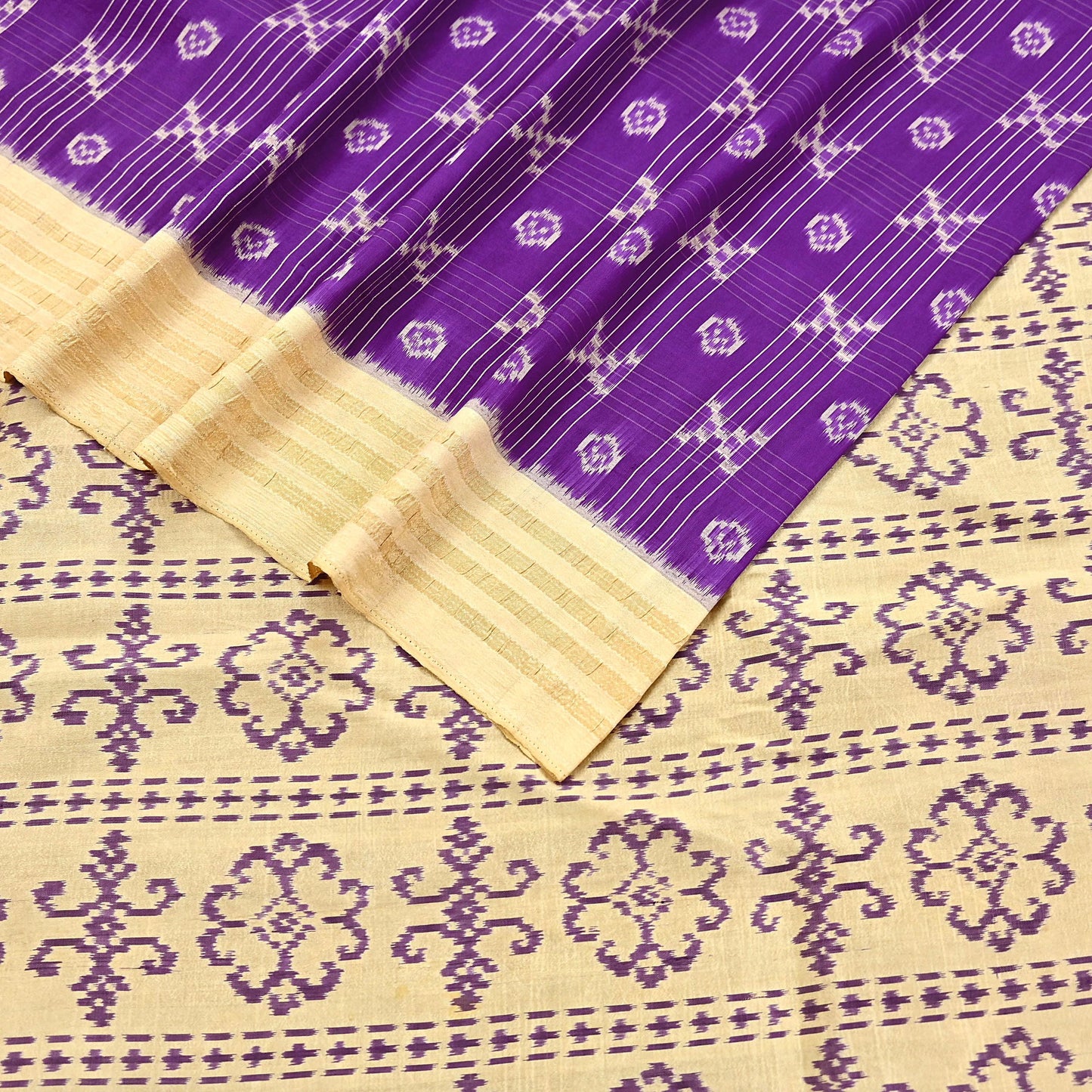 Indian Vintage Saree Beige & Purple Pure Silk Hand Woven Ikat Sari Craft Fabric 5Yard Dress Making Ethnic Premium Saree Quilting Crafting