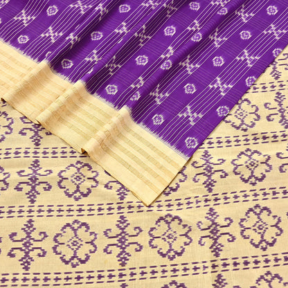 Indian Vintage Saree Beige & Purple Pure Silk Hand Woven Ikat Sari Craft Fabric 5Yard Dress Making Ethnic Premium Saree Quilting Crafting