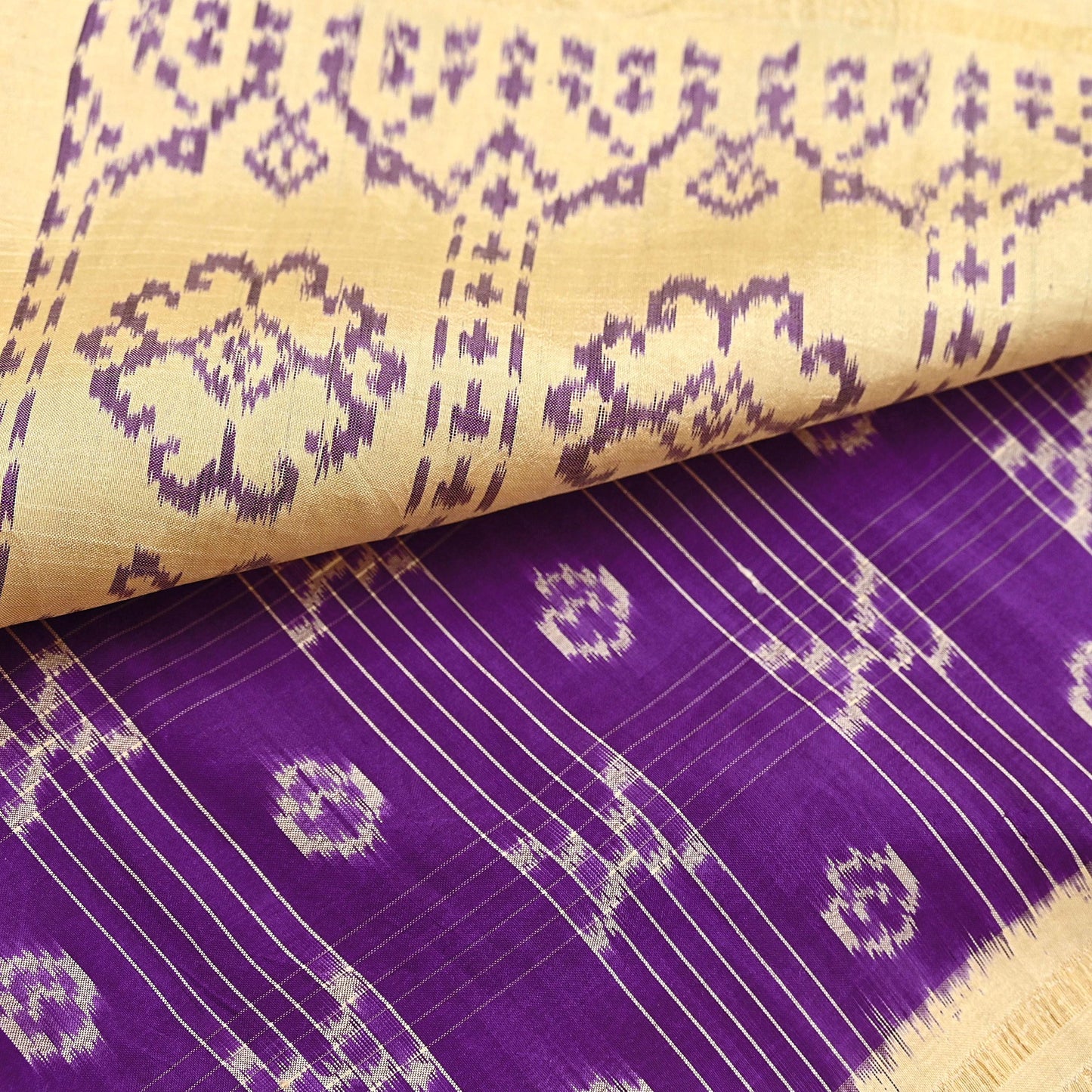 Indian Vintage Saree Beige & Purple Pure Silk Hand Woven Ikat Sari Craft Fabric 5Yard Dress Making Ethnic Premium Saree Quilting Crafting