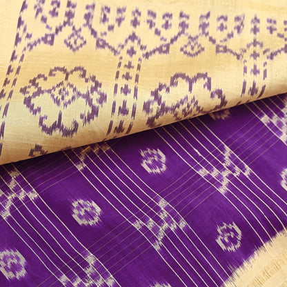 Indian Vintage Saree Beige & Purple Pure Silk Hand Woven Ikat Sari Craft Fabric 5Yard Dress Making Ethnic Premium Saree Quilting Crafting