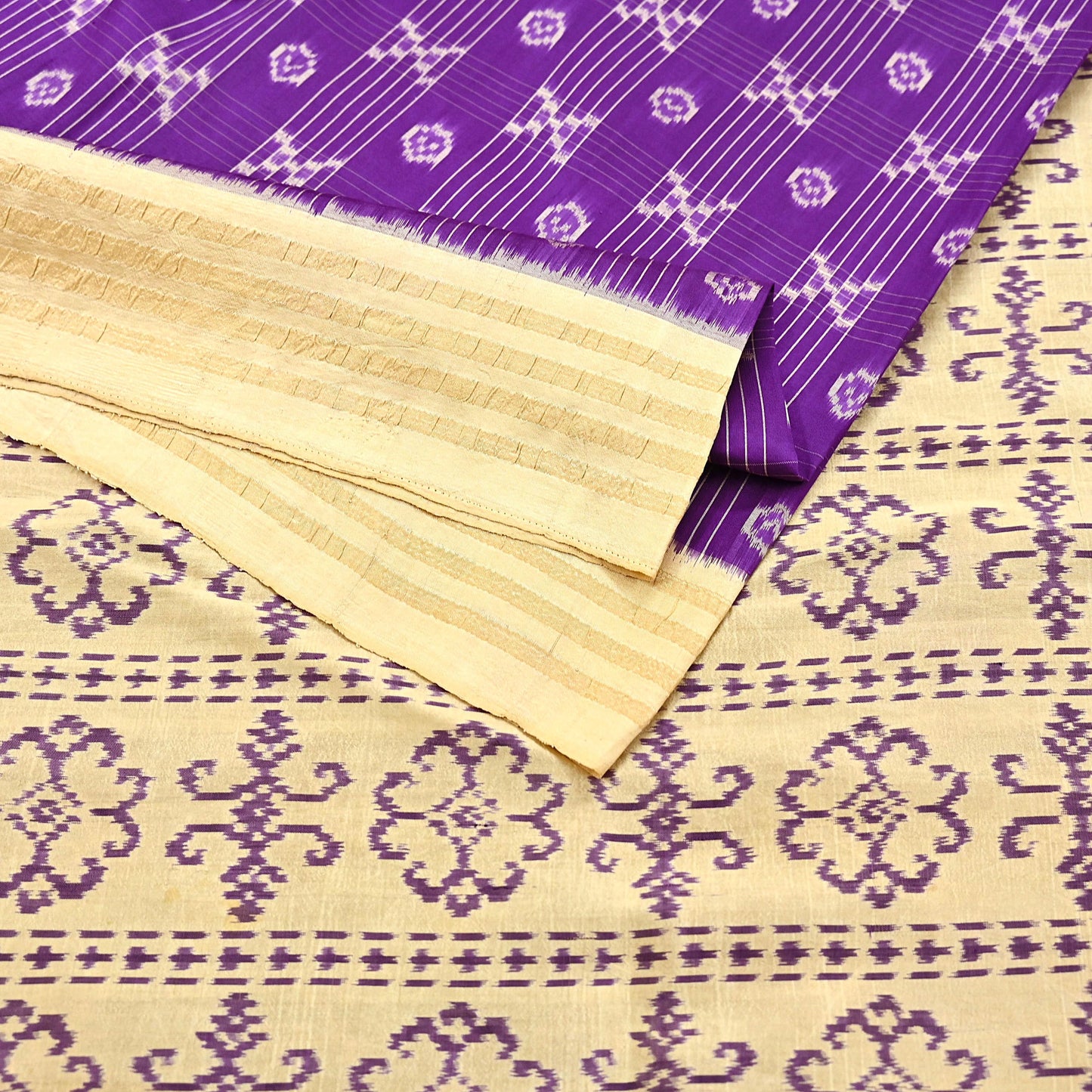 Indian Vintage Saree Beige & Purple Pure Silk Hand Woven Ikat Sari Craft Fabric 5Yard Dress Making Ethnic Premium Saree Quilting Crafting