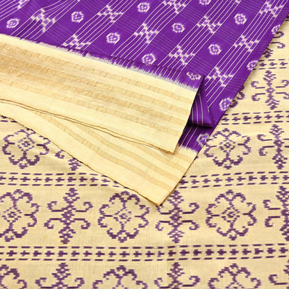 Indian Vintage Saree Beige & Purple Pure Silk Hand Woven Ikat Sari Craft Fabric 5Yard Dress Making Ethnic Premium Saree Quilting Crafting