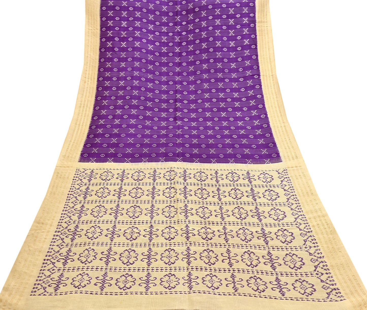 Indian Vintage Saree Beige & Purple Pure Silk Hand Woven Ikat Sari Craft Fabric 5Yard Dress Making Ethnic Premium Saree Quilting Crafting