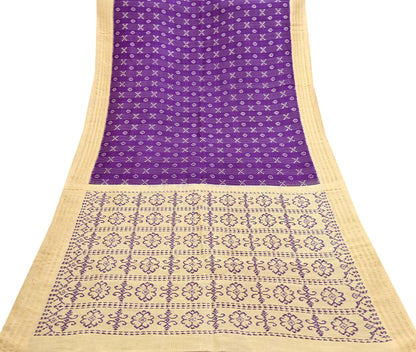 Indian Vintage Saree Beige & Purple Pure Silk Hand Woven Ikat Sari Craft Fabric 5Yard Dress Making Ethnic Premium Saree Quilting Crafting