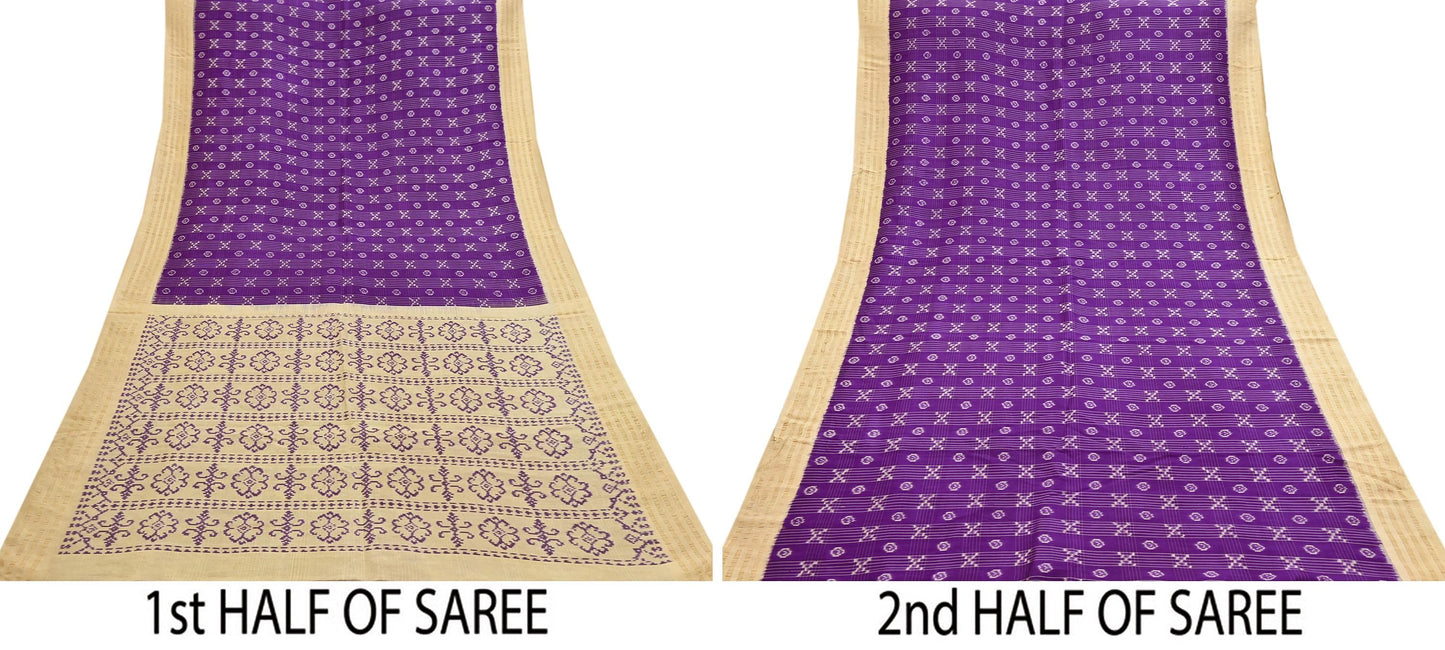 Indian Vintage Saree Beige & Purple Pure Silk Hand Woven Ikat Sari Craft Fabric 5Yard Dress Making Ethnic Premium Saree Quilting Crafting