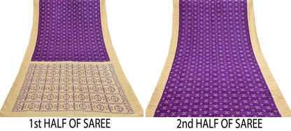 Indian Vintage Saree Beige & Purple Pure Silk Hand Woven Ikat Sari Craft Fabric 5Yard Dress Making Ethnic Premium Saree Quilting Crafting