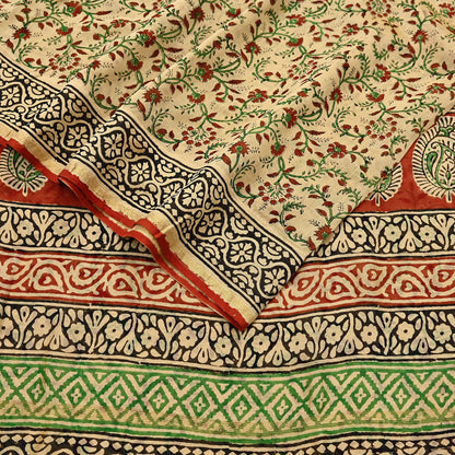 Indian Vintage Sari Beige & Black chanderi Silk Bagru Printed Saree 5Yd Fabric Floral Soft Zari Border Ethnic Upcycle Crafting Dress making
