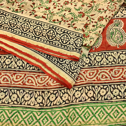 Indian Vintage Sari Beige & Black chanderi Silk Bagru Printed Saree 5Yd Fabric Floral Soft Zari Border Ethnic Upcycle Crafting Dress making