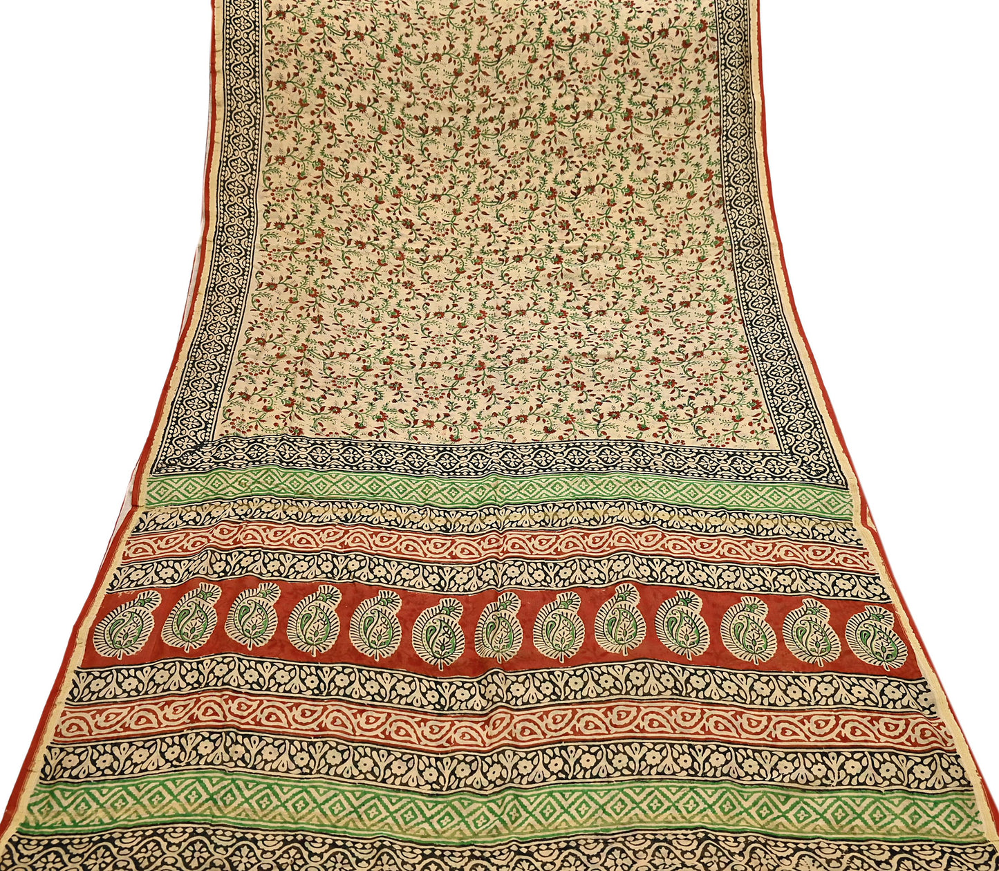 Indian Vintage Sari Beige & Black chanderi Silk Bagru Printed Saree 5Yd Fabric Floral Soft Zari Border Ethnic Upcycle Crafting Dress making